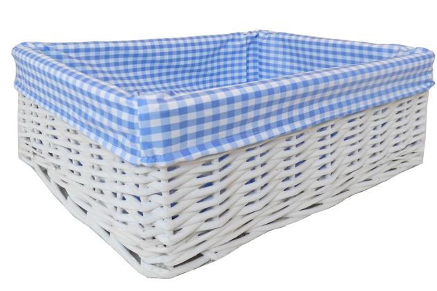 WHITE Wicker Storage Basket BLUE GINGHAM Lining - 41x31x15cm high